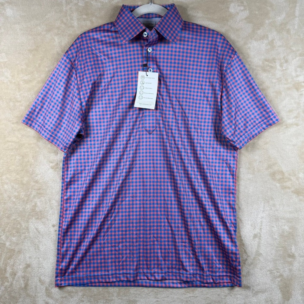 Collars & Co Mens Dress Collar Polo Pink Blue Gingham Check Performance Shirt M‎